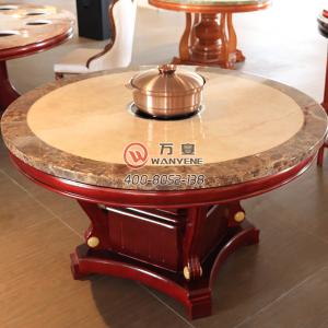 大理石电磁炉火锅桌子 中式圆形 人造大理石桌面 实木餐桌底座火锅桌