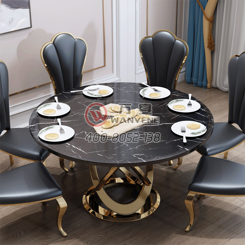 轻奢风格餐桌 意式前卫镀金镜面不锈钢桌 圆环卫星环绕奢华不锈钢餐桌